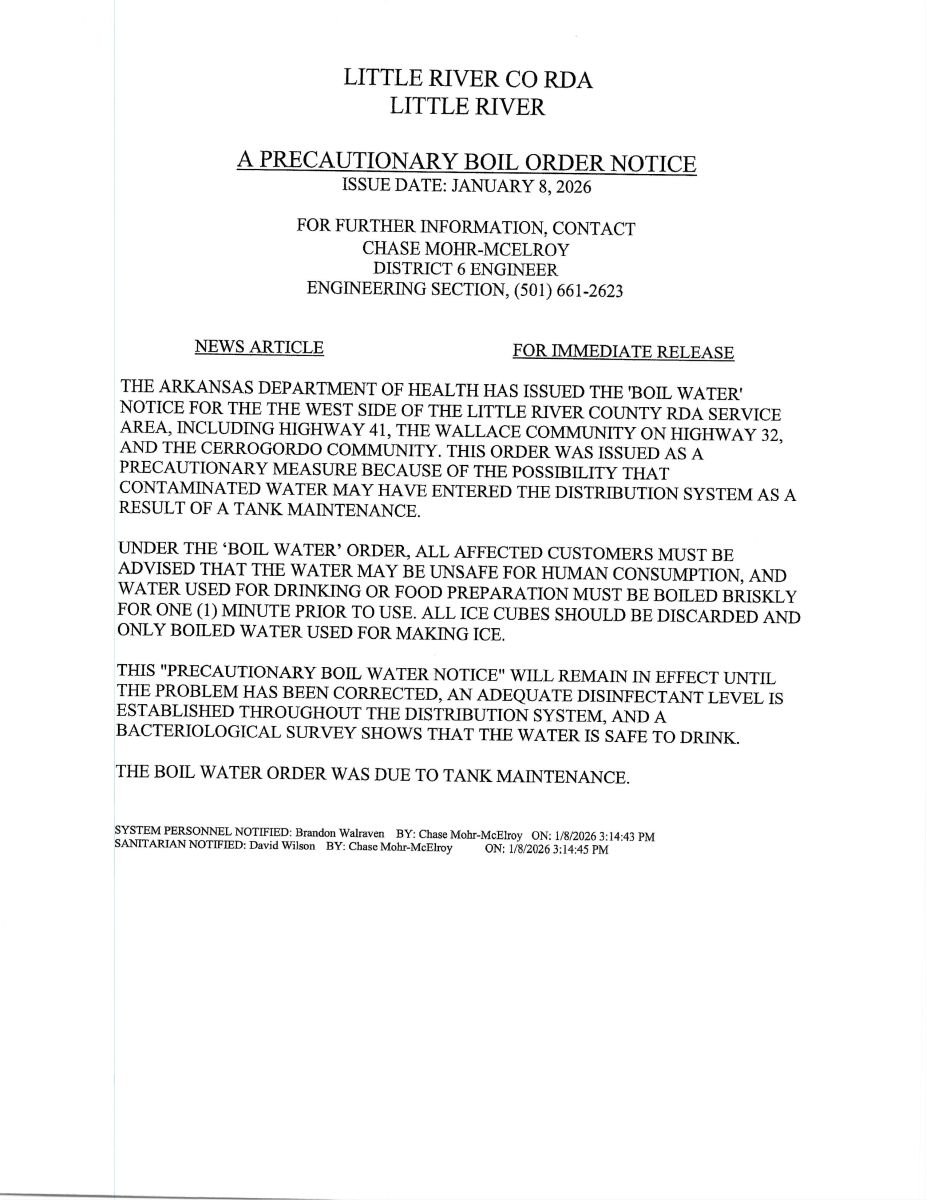 Arkansas Department of Health Boil Order Notification